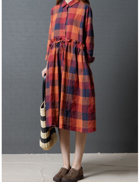 Vintage Women Plaid Drawstring Long Sleeve Shirt Dresses