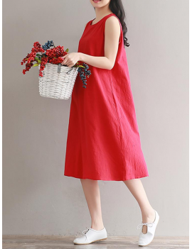 Women Vintage Sleeveless Pure Color Mid-Long Dresses