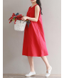 Women Vintage Sleeveless Pure Color Mid-Long Dresses