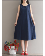 Women Vintage Sleeveless Pure Color Mid-Long Dresses