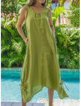 Vintage Solid Color Asymmetrical Hem Drawstring Dress