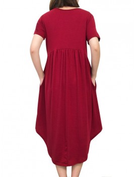 Pure Color Pleated Irregular Short Sleeve O-neck Casual Dresses