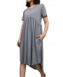 Pure Color Pleated Irregular Short Sleeve O-neck Casual Dresses