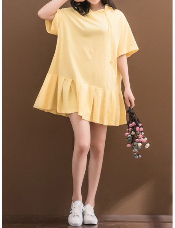 Solid Pleated Loose Hooded Half Sleeve Women Casual Dresses