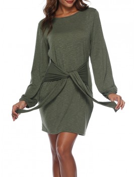 Solid Color Long Sleeve Drawstring Casual Dresses