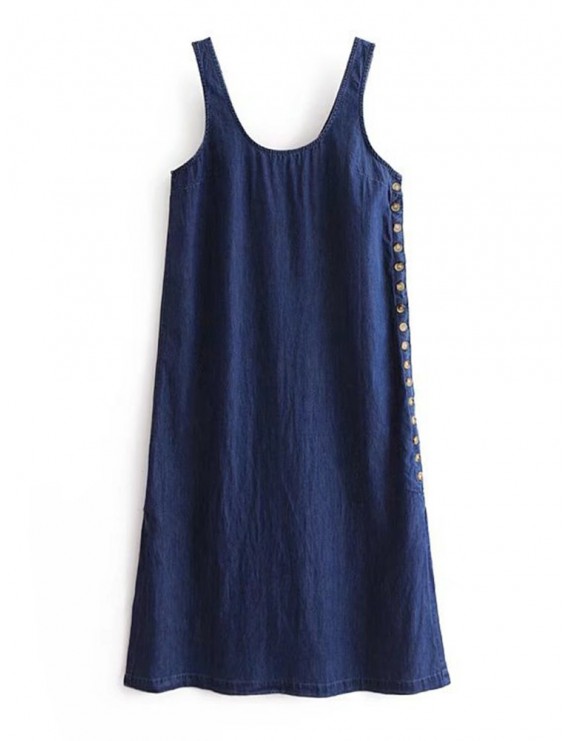 Denim Pure Color Side Buttons Splited Sleeveless Casual Dresses