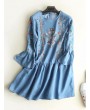 Denim Embroidery Long Pagoda Sleeve Casual Dresses