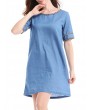 Casual Denim Patchwork O-neck Short Sleeve Mini Dress For Women