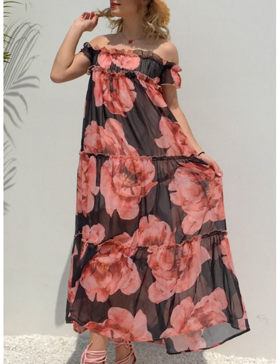 Bohemian Floral Print Off-shoulder Maxi Dress For Women