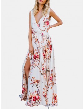 Floral Print Cross Wrap Sleeveless Maxi Dress For Women