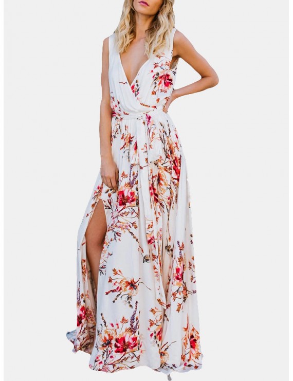 Floral Print Cross Wrap Sleeveless Maxi Dress For Women