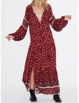 Women Ethnic Print Splited Long Sleeve Vintage Maxi Dress