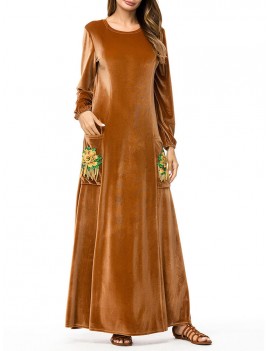 Islam Muslim Velvet Embroidery Pocket Brown Long Sleeve Dress