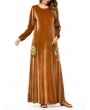 Islam Muslim Velvet Embroidery Pocket Brown Long Sleeve Dress