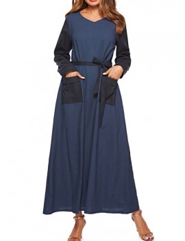 Casual V-neck Two-tone Pockets Long Sleeve Maxi Dress With Belt