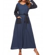 Casual V-neck Two-tone Pockets Long Sleeve Maxi Dress With Belt