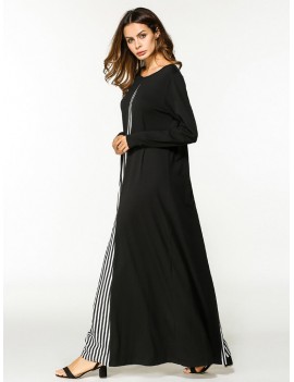 Women Long Sleeve Patchwork Loose O-Neck Long Maxi Dresses