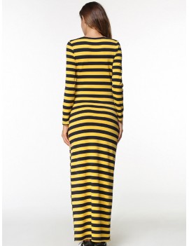 Women Casual Long Sleeve Stripe O-Neck Long Maxi Dresses