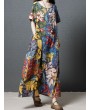 Leaves Print Multi-color Short Sleeve Vintage Maxi Dresses