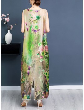 Side Splited Floral Print Elegant Sleeveless Maxi Dresses