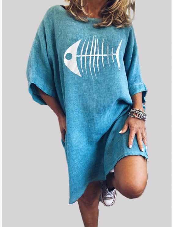 Fish-bone Print Crew Neck Short Sleeve Casual Dress