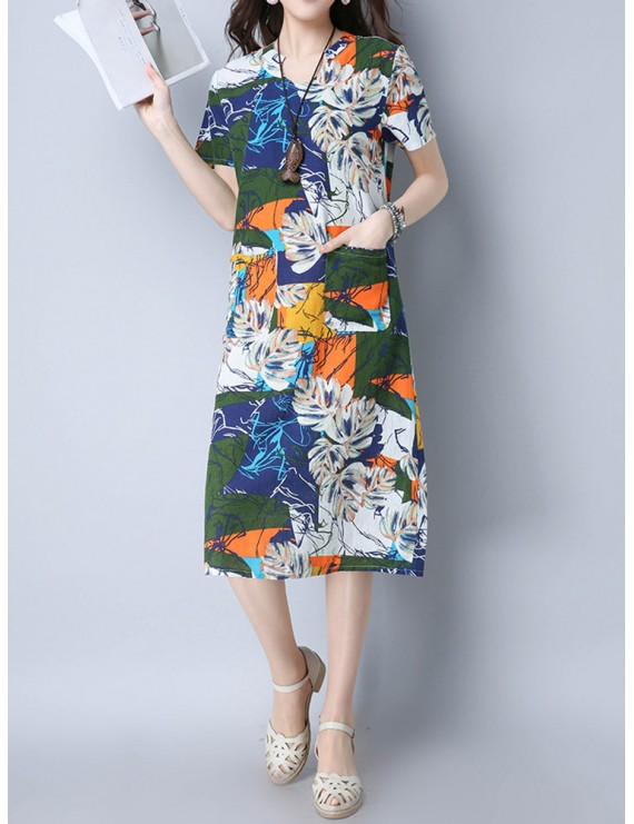 Vintage Random Print Short Sleeve V-neck Dress For Women