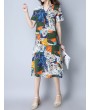 Vintage Random Print Short Sleeve V-neck Dress For Women