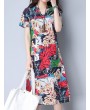 Vintage Random Print Short Sleeve V-neck Dress For Women