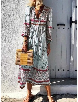 Bohemian Long Sleeve V-neck Pullover Print Long Dress