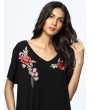 Floral Embroidered Loose Short Sleeve V-neck Maxi Dress For Women