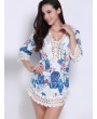 Women Boho V-neck Floral Print Hollow Lace Dress