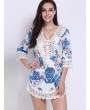 Women Boho V-neck Floral Print Hollow Lace Dress