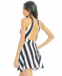 Women Sexy Stripe Halter Hollow Pleated Backless Sleeveless Mini Dress