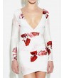 Ink Floral Print Backless V-neck Long Sleeve Women Mini Dress