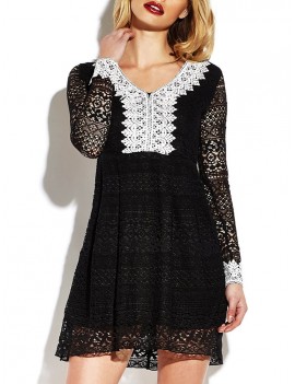 Sexy Lace See-through V-neck Long Sleeve Mini Dress For Women