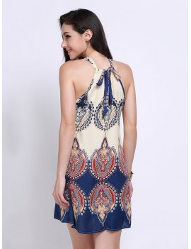 Women Sleeveless Halter Print Mini Dress